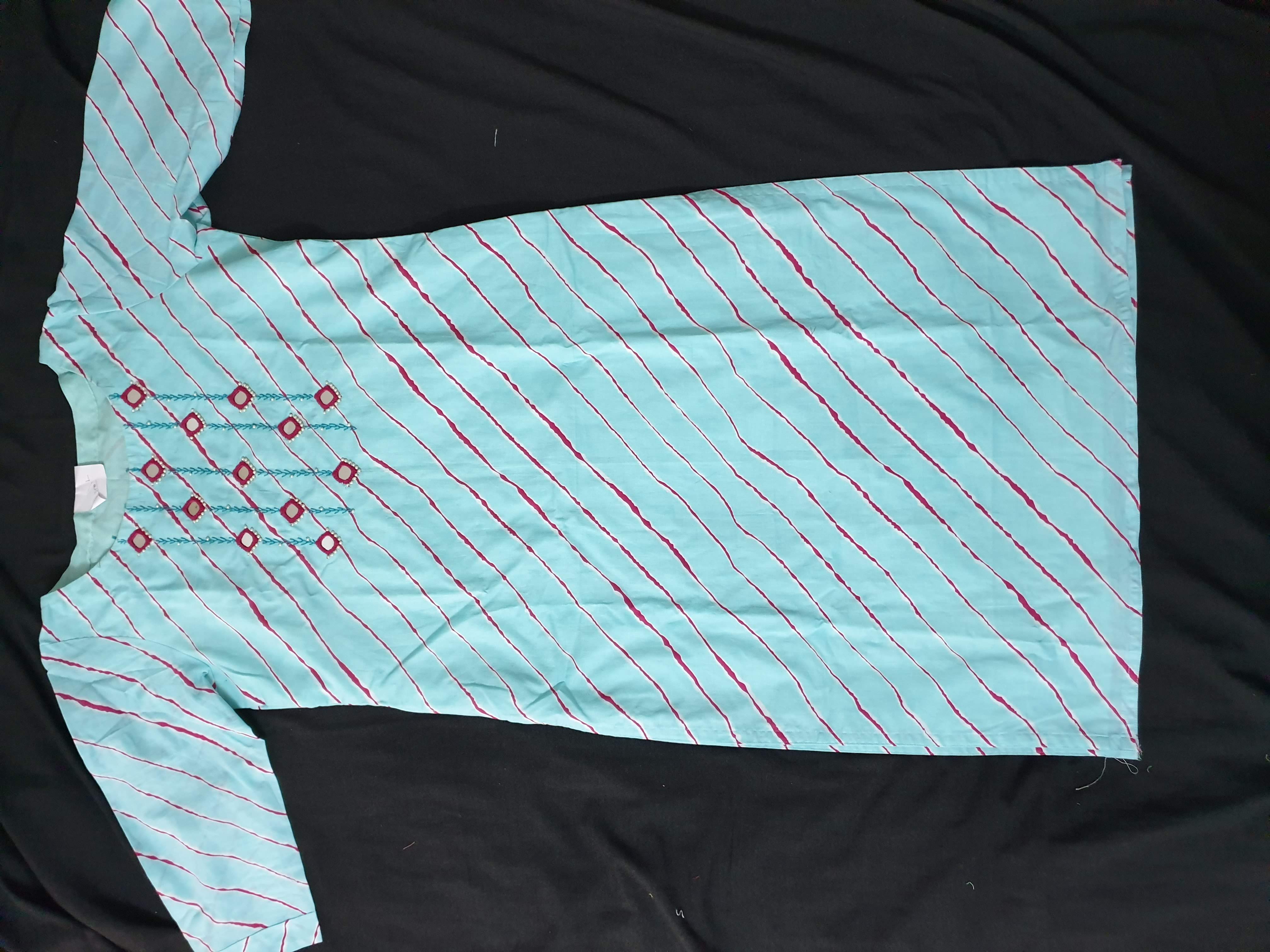 Sky Blue Lehriya Print Cotton Kurti with Mirror Work